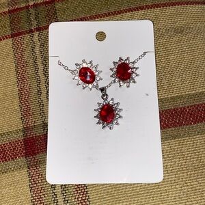 Red and Silver Fashion Jewelry Necklace and Earrings Set